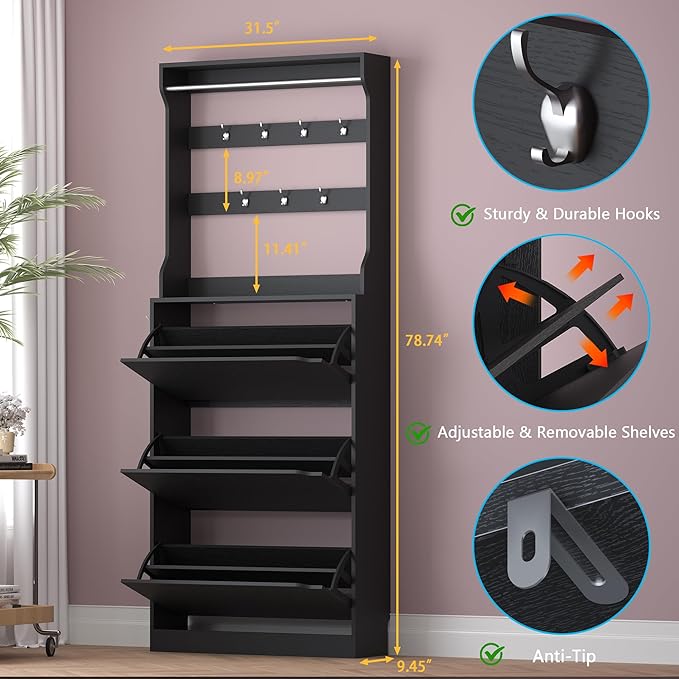 Shoe Cabinet with 3 Flip Drawers & Coat Rack, Narrow Hidden Shoe Storage Cabinet