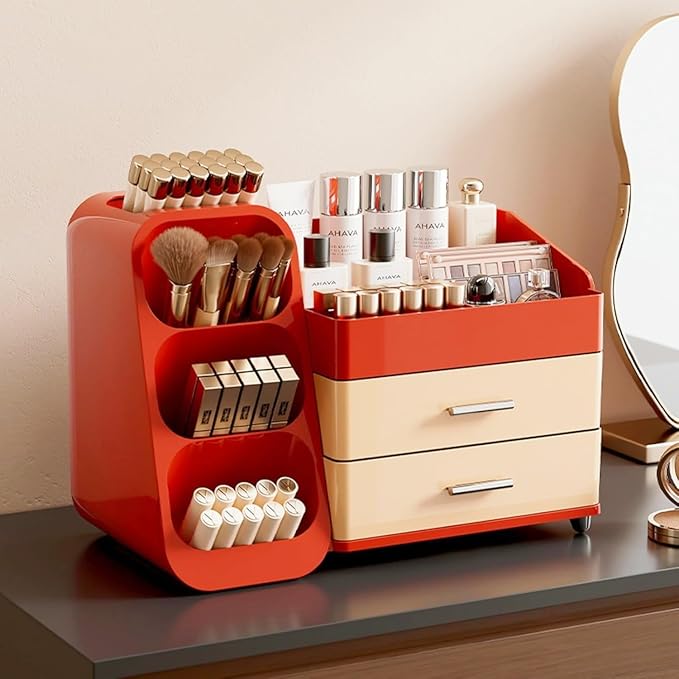 Makeup Organizer with Drawers, Red and Cream