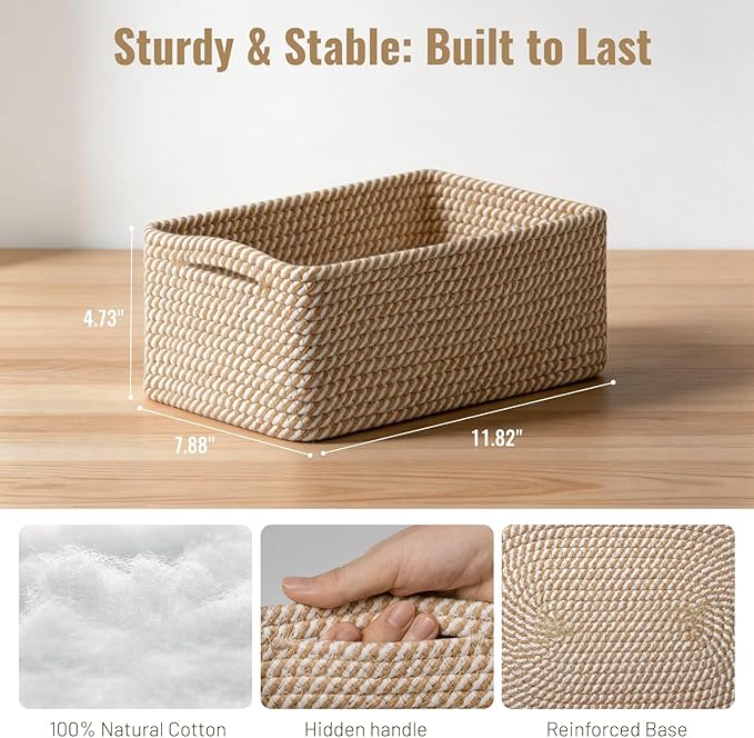 5 Pack Decorative Small Storage Baskets for Shelves, Cotton Rope Woven Basket for Organizing Bathroom, Nursery, Closet, Cabinet, Toys & Socks, Gift Baskets Empty, 11.8"x7.9"x4.7", Khaki