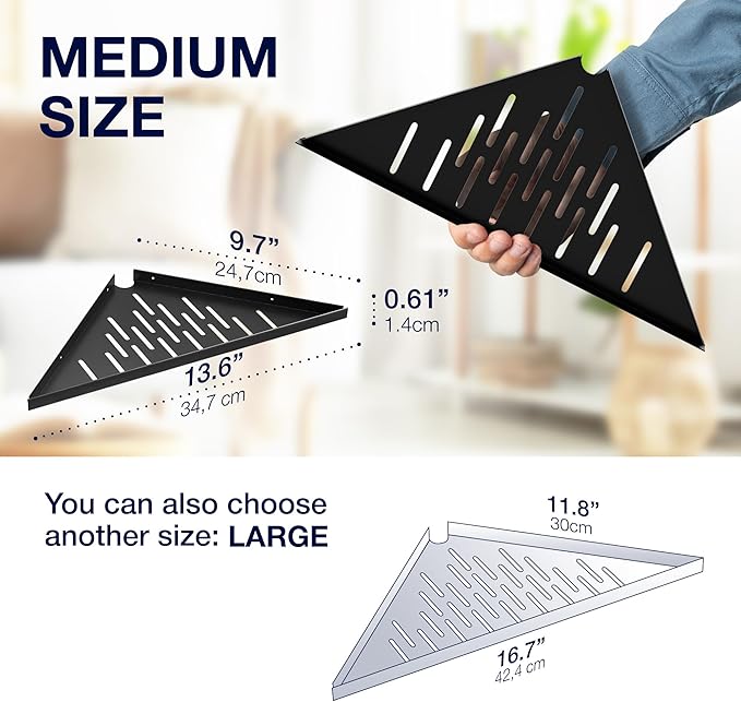 Corner Caddy Bathroom Shower Shelf - Adhesive / Drill / No Drill Shelves - 14" Strong Corner Black Floating Shower Shelves - Triangle Shelf Bathroom Shower for Inside Shower, Tiled Wall, Caddies