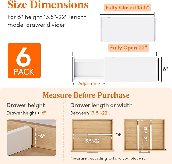 6 Pack 6" High Drawer Dividers 34-56cm/13.5-22" Adjustable Drawer Organizer