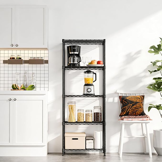IZEUK 5-Shelf Adjustable Steel Wire Storage Shelving Unit, 13.7" D x 23.6" W x 63" H, 1250 lbs, Black, Heavy Duty Metal Storage Rack for Home & Garage Shelving Organizer