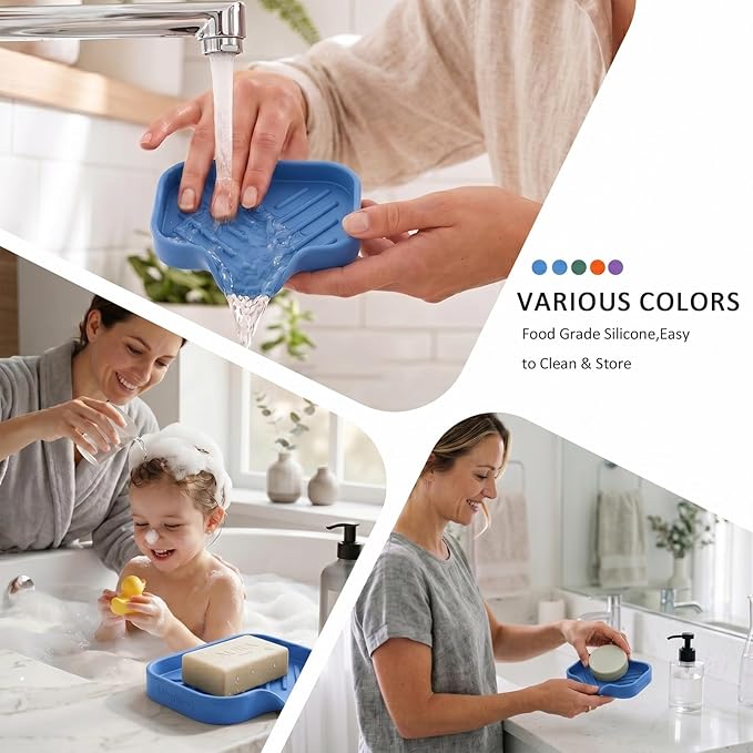 MicoYang Silicone Soap Dish with Drain Spout — Self-Draining Sink Organizer Tray for Bathroom & Kitchen, Holds Bar Soap, Sponges & Dispensers, Non-Slip & Dishwasher Safe, Lichen Blue(Small, 4.9"×3.2")