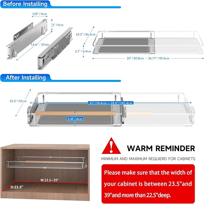 Pull Out Cabinet Organizer, 23~39.8"W x 22.5"D. 2Pack