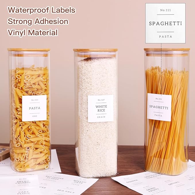 3 Pack Square Kitchen Storage Jars with Airtight Bamboo Lids and 132 Pantry