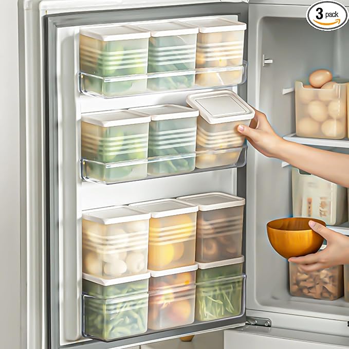 3 Pack Refrigerator Organizer Box with Lid, Plastic Refrigerator Side Door Storage Containers, Space-Saving Organizer Bins for Refrige, Refrige Drawers for Fruit and Vegetable (Clear, S×3)