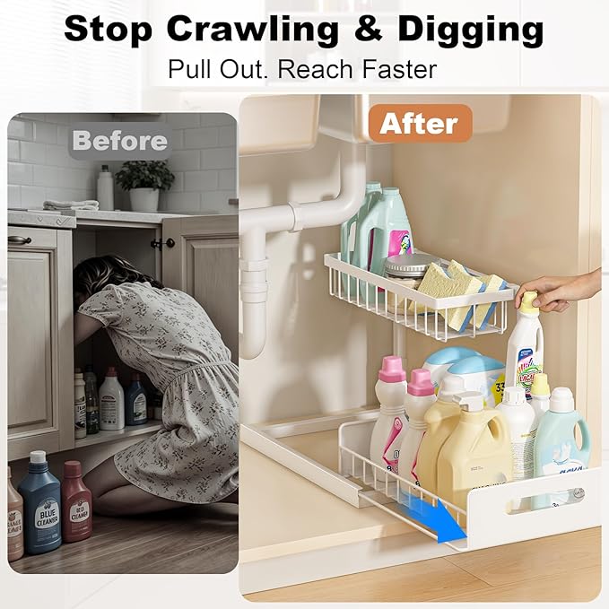 REALINN Under Sink Organizer, Pull Out Cabinet Organizer 2 Tier Slide Out Sink Shelf Cabinet Storage Shelves, Under Sink Storage for Kitchen Bathroom Cabinet, White, 1 Pack