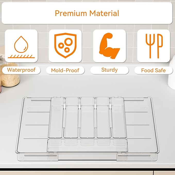 Large Clear Expandable Silverware Drawer Organizer for Kitchen