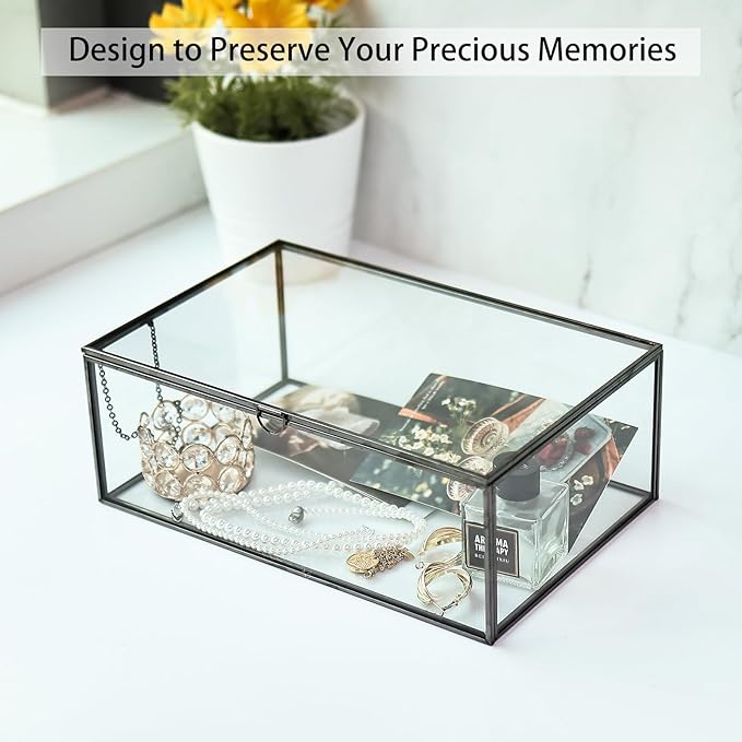 HighFree Vintage Glass Box with Lid - Clear Jewelry Glass Display Box Keepsake Box - Home Decor Decorative Box for Trinket Rings Bracelet (Black, Large)