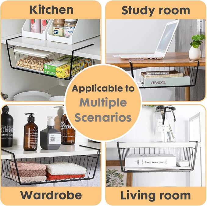 Under Shelf Basket Storage, Steel Under Shelf Hanging Wire Baskets Shelves for Laundry Room Kitchen Desk Pantry Bookshelf (Black, 4 Pack)
