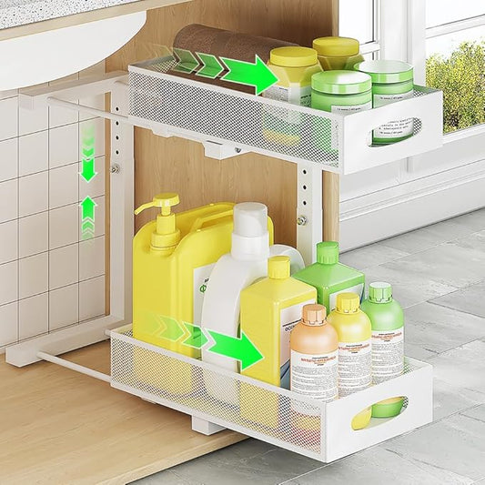 1 Pack Under Sink Pull Out Organizer, 2-Tier Adjustable Height Carbon Steel Storage Rack for Kitchen and Bathroom Cabinet, White