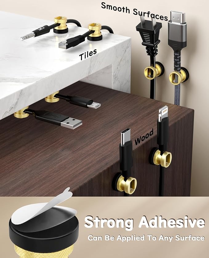 Maveek Magnetic Cable Holder, High-Grade Metal Cord Management Clips Magnet Cable Anchor For Desk Nightstand Car Office USB Charging Wires (4 Pack, Gold)