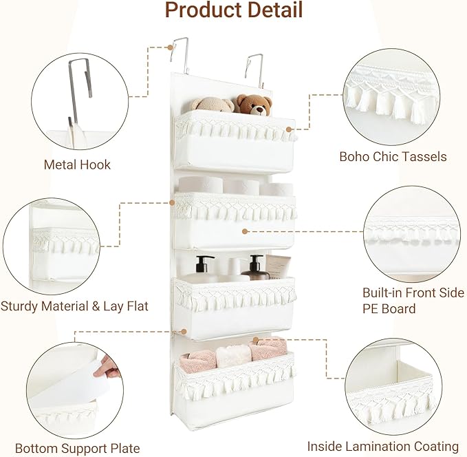 Dahey Over The Door Organizer Boho Nursery Storage Decor Closet Hanging Organizer with Tassels Decoration for Bedroom Nursery Bathroom Apartments Dorm Pantry, 4 Pockets, White