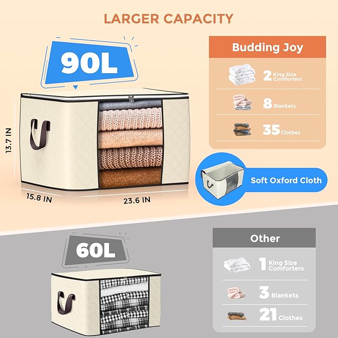 90 L Large Storage Bags, 6 Pack Clothes Storage Bins Foldable Closet Organizers Storage Containers with Reinforced Handle for Clothing, Blanket, Comforters, Bed Sheets, Pillows and Toys (Beige)