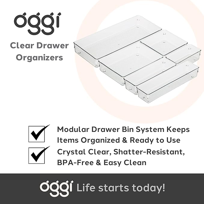 Oggi Clear Drawer Organizer | 6" X 9" | Pack of 2 | For Kitchen & Office | Utensil Storage