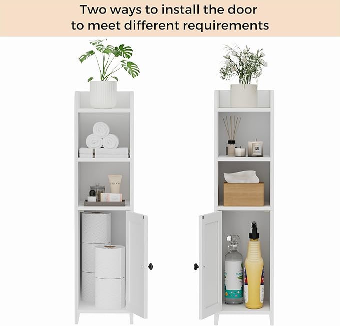 Homhedy Small Bathroom Storage Corner Floor Cabinet with Door and Shelves, Beside The Toilet Paper Stand for Skinny, Narrow Toilet Paper Cabinet, 9.8" D x 7.9" W x 31" H, White