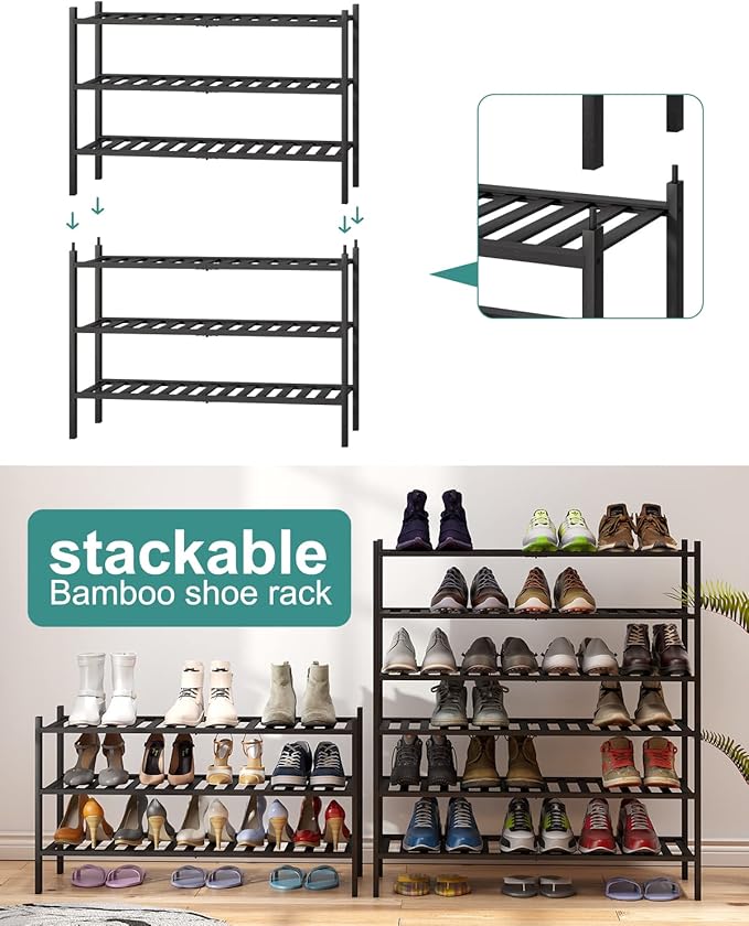 3-Tier Long Black Shoe Rack, Bamboo Wood Shoe Rack for Closet