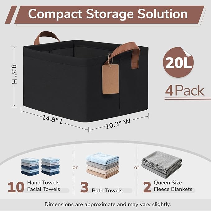 CHICVITA 4 Pack Storage Baskets for Shelves, Collapsible Fabric Closet Storage Bins with Metal Frame, Towel Organizer for Living Room, 14.8" x 10.3" x 8.3", Black