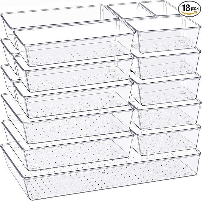 Drawer Organizer, 18 Pack Large Clear Plastic Kitchen Drawer Organizers Set