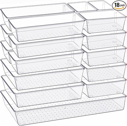 Drawer Organizer, 18 Pack Large Clear Plastic Kitchen Drawer Organizers Set