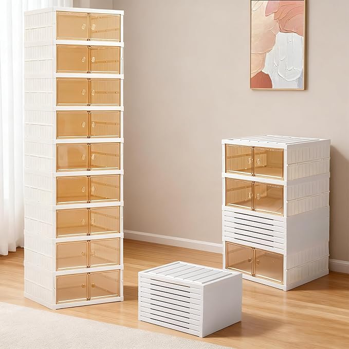 Foldable Shoe Rack Organizer Collapsible Shoe Storage Organizer with Doors, Large Plastic Folding Shoe Rack, Clear Stackable Shoe Boxes Easy Assembly Shoe Cabinet for Entryway (9 Tiers-18 Pairs)