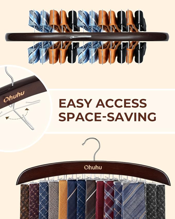 Tie Rack Hanger for Closet: Ohuhu 24 Folding Hooks Tie Hangers for Men Wooden Tie Holder Organizer Space Saving Necktie Storage 360 Degree Rotating Ties Belts Scarves Tank Tops Accessories-Walnut