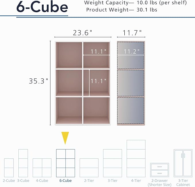 Homes: Inside + Out Apexa 6-Cube Storage Organizer Shelves, Stackable Wood Bookcase Fits Cubby Bins for Organization, Dorm Teen Room Decor & Home Office, Light Pink