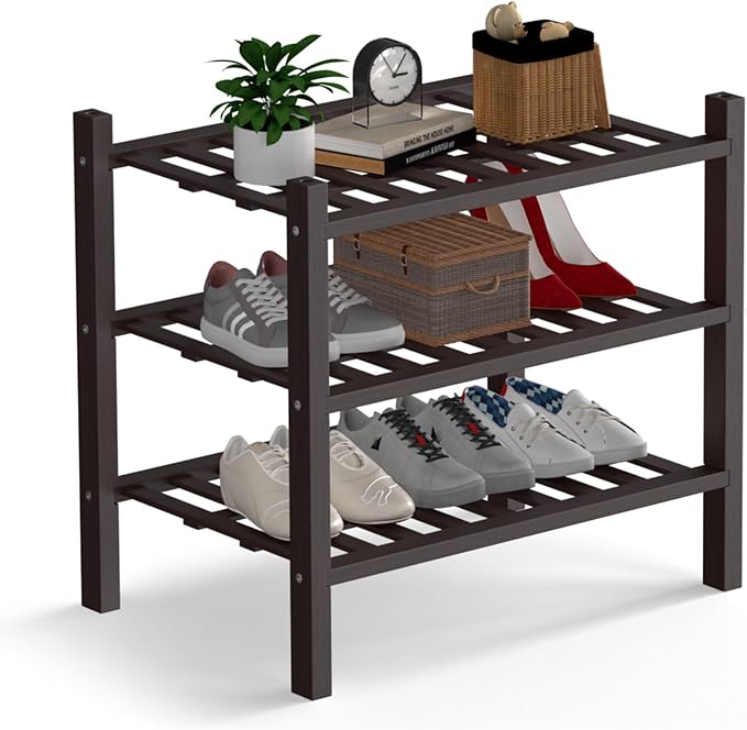 Haddockway Small 3 Tier Bamboo Shoe Rack Storage Organizer, Multifunctional Free Standing Stackable Shoe Shelf with Grid Panel for Closet,Hallway,Entryway,Small Space 18"x11"x17"