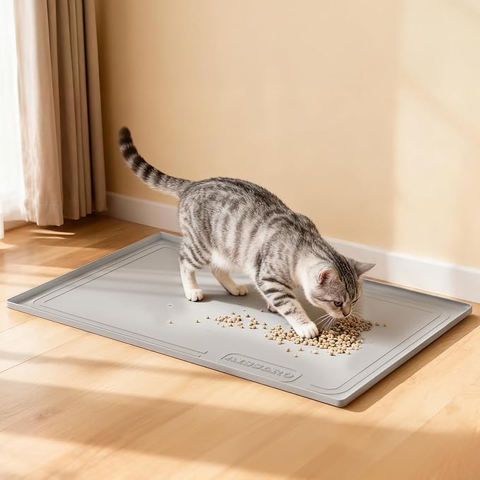 Aisslro Under Sink Mat 34" X 22", Waterproof Silicone Cabinet Organizer Protector with Raised Edge, Kitchen & Bathroom Leak Tray, Shelf Liner & Pet Feeding Mat for Dog Cat Food Mats, Gray