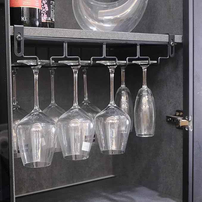 Adjustable Under Cabinet Stemware Holder - Metal Wine Glass Hanger Organizer for Kitchen, Bar, Shelf - Rustproof Hanging Storage Rack for 6-8 Glasses - Space Saving Decor (Black, 4 Rows)