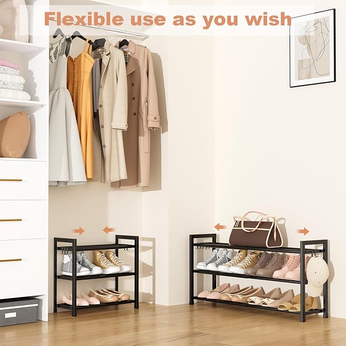 Expandable Shoe Rack for Closet, Bedroom with 5 Hooks