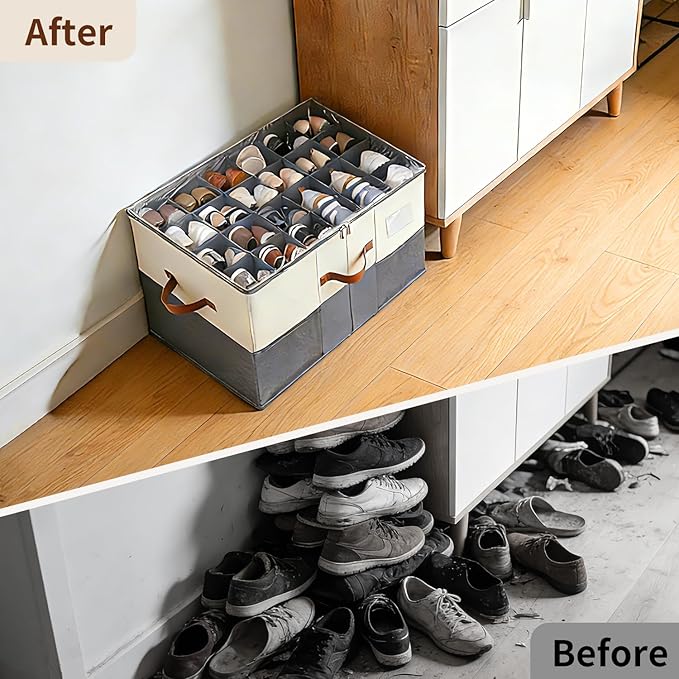 【Upgraded Larger Capacity】Shoe Organizer for Closet Fits 12-24 Pairs with Adjustable Dividers, Large Foldable Shoe Storage Box Bin with Clear Lid & 4 Handles, Plus 2 Mesh Pockets and Category Label