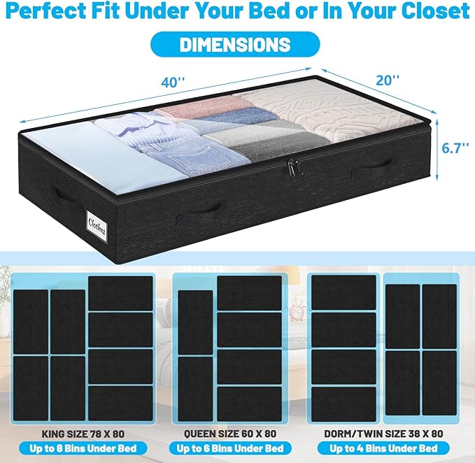 2 Pack 100L Under Bed Storage Containers, Low Profile Closet Organizers and Storage Bins for Dorm, Foldable Underbed Bag for Clothes, Blanket, Sheet, Wrapping Paper, Clear Window & Dual Zippers, Black