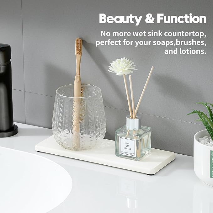 2PCS 10"x 5" Large Bathroom Sink Vanity Trays, Water Absorbing Diatomite Stone Quick Drying Mat for Kitchen Counter, Dish Rack Dispensers Sponge Holder Caddy Organizer, White, 10"x 5"
