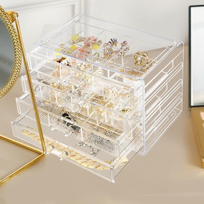 Weiai Acrylic Jewelry Box, 72 Grids Clear Jewelry Organizer with Adjustable Dividers, Large Capacity Earring Ring Gift Boxes