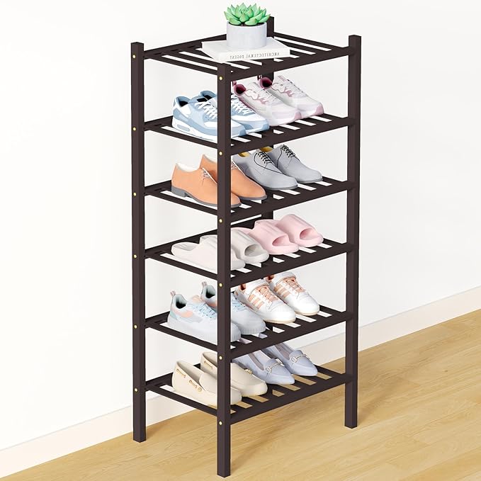 Smiry Bamboo Shoe Rack for Closet, 6 Tier Small Wooden Shoe Organizer, Stackable Wood Shoe Storage Shelf for Entryway, 14 Vertical Slats, 3+3 Stack Heavy-Duty Legs, 17.32"x11.02"x36.61", Brown