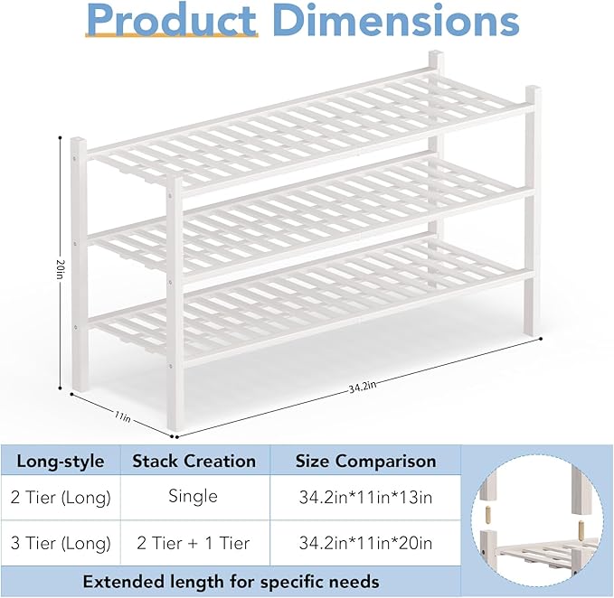 Haddockway Long 3 Tier Bamboo Shoe Rack Storage Organizer,Multifunctional Free Standing Stackable Shoe Shelf with Grid Panel for Closet,Hallway,Entryway,Small Space 34.2"x11"x20"