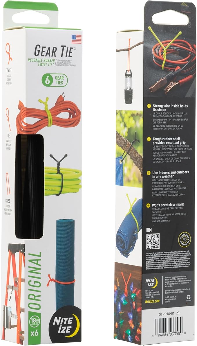 Nite Ize Gear Tie Original ProPacks - Reusable Rubber Twist Ties for Indoor & Outdoor Use - Bendable Wire Interior - Durable Rubber Exterior - Secure Grip - Black, 18" (6 Pack)