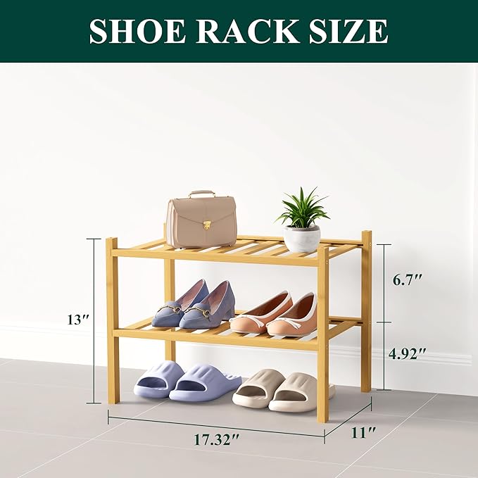 Smiry Bamboo Shoe Rack for Closet, 2 Tier Small Wooden Shoe Organizer, Stackable Wood Shoe Storage Shelf for Entryway, 14 Vertical Slats, One-piece Heavy-Duty Legs, 17.32"x11.02"x12.99", Natural