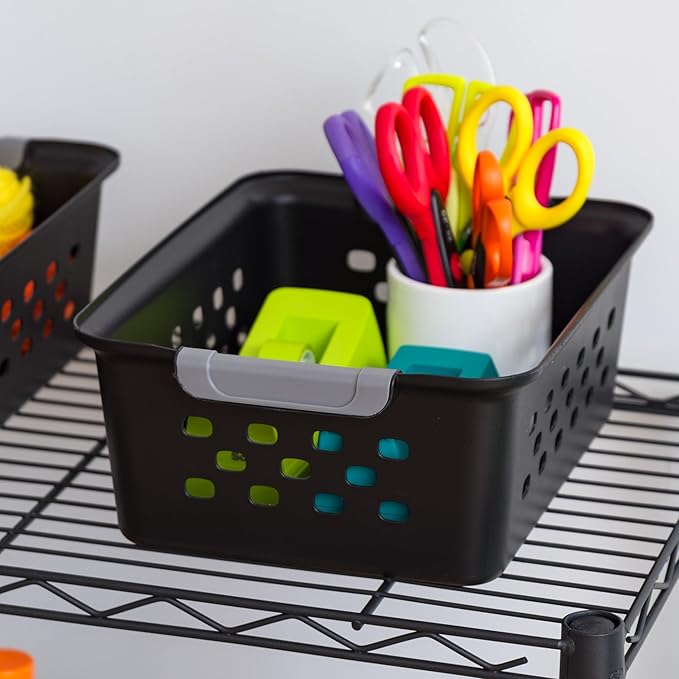 IRIS USA Plastic Storage Baskets, 12-Pack, Made in USA, Shelf Baskets Small Baskets Organizing Bins For Pantry Countertops Closet Shelves Office, Muti-Purpose, Nestable, Easy Carry, Black