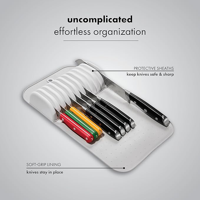 madesmart Large Knife Mat, Soft-Grip In Drawer Knife Organizer for 12 Knives, Non-Slip Kitchen Drawer Storage, Space Saving Knife Block Alternative, Grey
