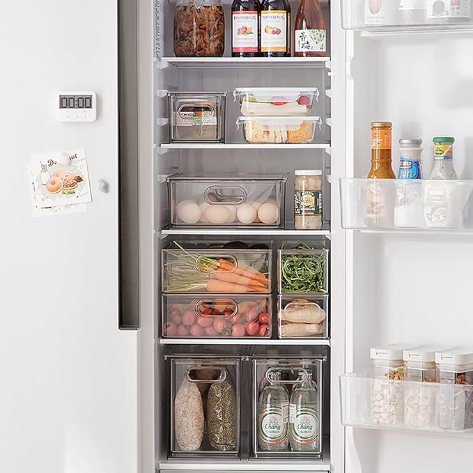 Set of 3 Stackable Refrigerator Organizer Bins Pull-Out Drawers for Fruit and Veggies Divided Storage Organizer for Fridge Clear Drawer Containers with Handle for Produce Saver, Eggs, Snack