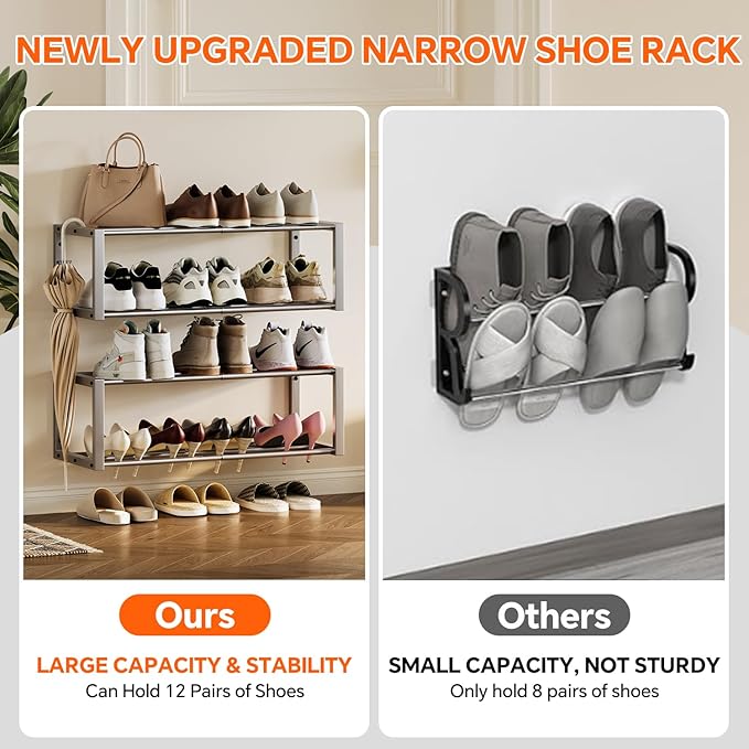 Hanging Shoe Organizer, 2 Pack Wall Mounted Shoe Rack Holds 12 Pairs, Silver