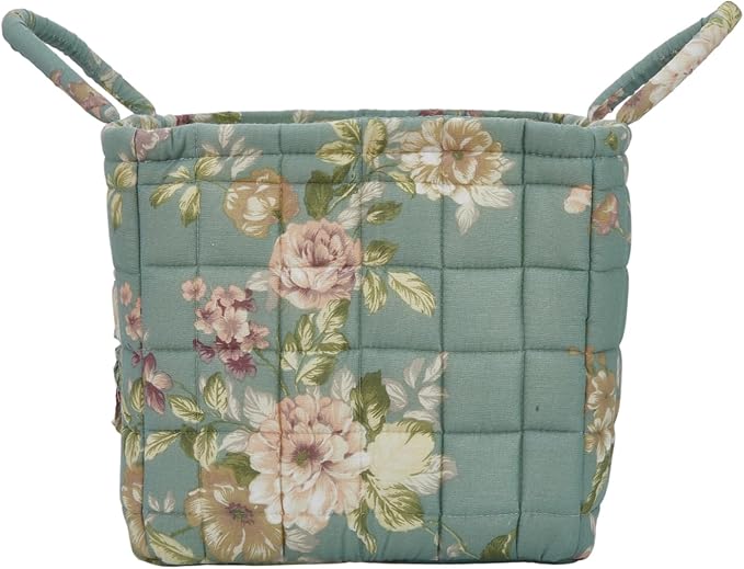 Fabric Baskets for Storage - Quilted Boho Floral Basket with Handles, Foldable Organizer for Home, Office, Clothes, Blankets, Books or Toys - 12'' x 10'' x 10''(Green)