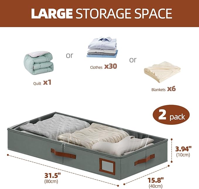 4 Inch Under Bed Storage Containers, 2 Pack Large Underbed Storage Bins w/Clear Lid & Sturdy Sidewall, Foldable Closet Organizer for Dorms, Bedroom, Clothes, Shoes, Bed Sheets, Blankets (Grey)