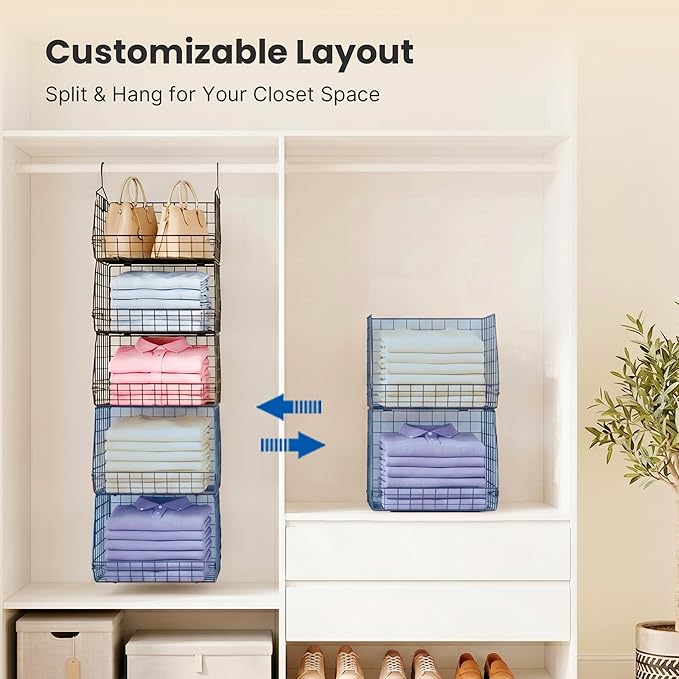 5 Tier Metal Hanging Closet Organizer with 2 Extra Tall Storage Baskets & 3 Standard Wire Baskets, Heavy Duty Foldable Closet Organizer with Snag‑Free Liners for Clothes, Jeans, Handbags, Hats
