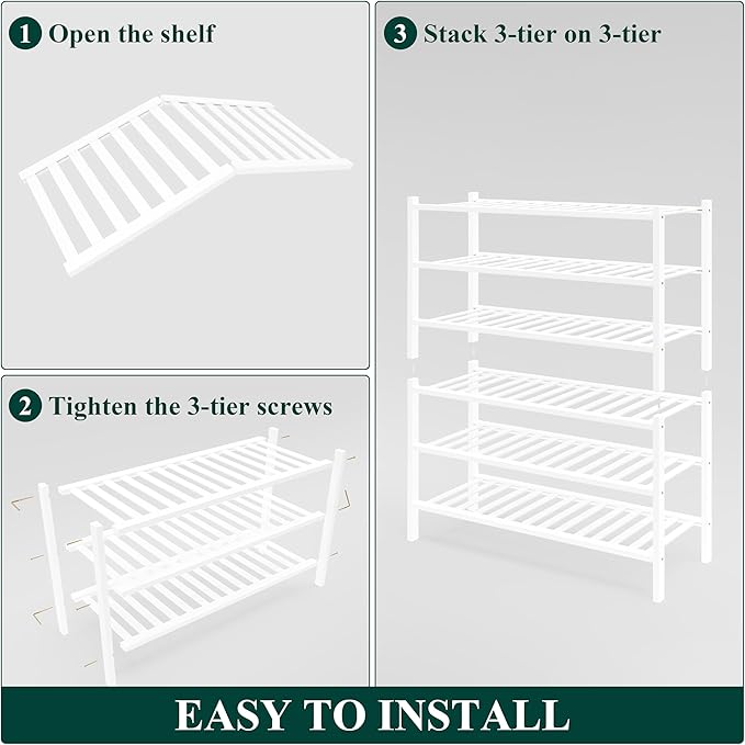 Smiry Bamboo Shoe Rack for Closet, 6 Tier Wooden Shoe Organizer, Stackable Wood Shoe Storage Shelf for Entryway, 14 Vertical Slats, 3+3 Stack Heavy-Duty Legs, 26.77"x11.02"x36.61", White