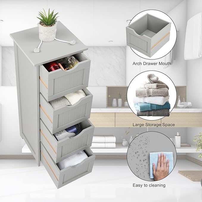 Bonnlo Skinny Bathroom Floor Storage Cabinet, 12 Inch Wide Deep Small Storage Organizer with 4 Drawers, Wooden Modern Grey Thin Free Standing Tower Cabinet w/ 4 Cute Drawers for Bathroom, Living Room