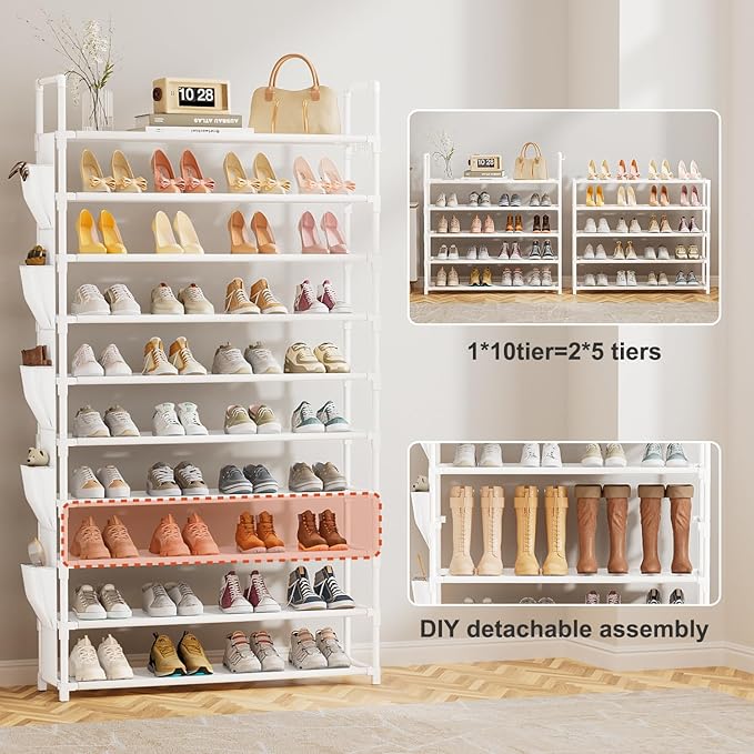 LUKYTOWER Tall Shoe Rack 10 Tier Shoe Racks Organizer for Closet 40-45Pairs,Large Capacity Storage Rack for Shoes with 5Hooks,Sturdy Shoe Shelf, Vertical Shoe Stand Tower