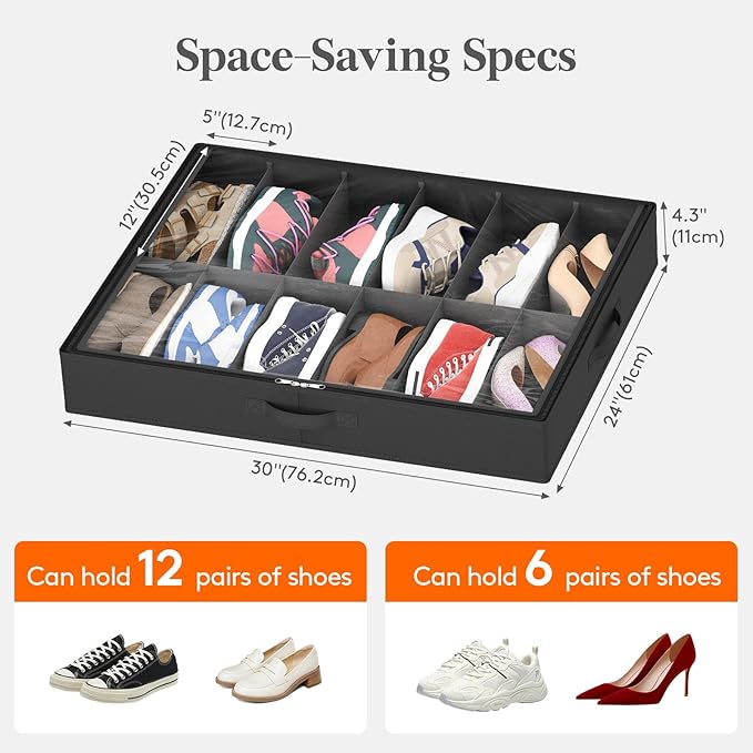 Lifewit 2-Pack Under Bed Shoe Storage, 4.3 Inches Low Profile Fabric Slim Shoe Organizer for Closet with Clear Cover, Set of 2 Thin Stackable Shoe Boxes Hold 24 Pairs, Black